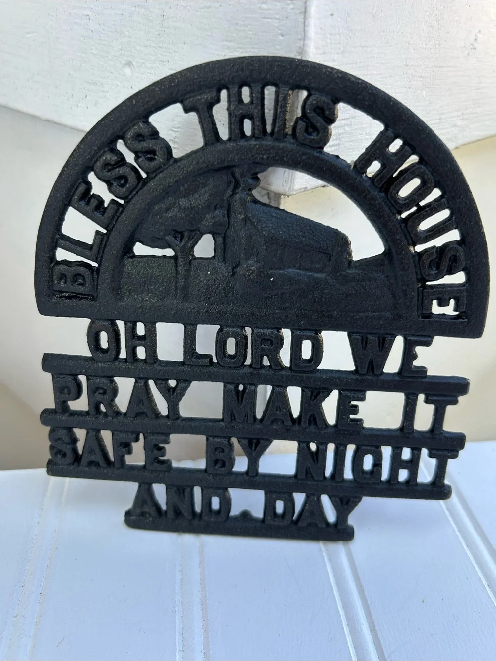 Iron Art Trivet Plaque Black Cast Iron 'Bless This House' Wall Religious 6x6.5